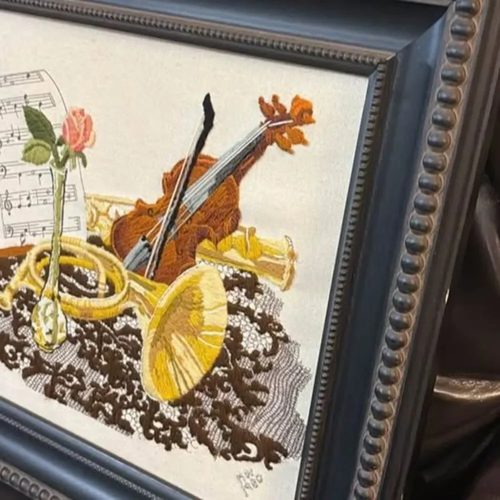 Vintage 1980 Musical Instrument Needlepoint Framed Art